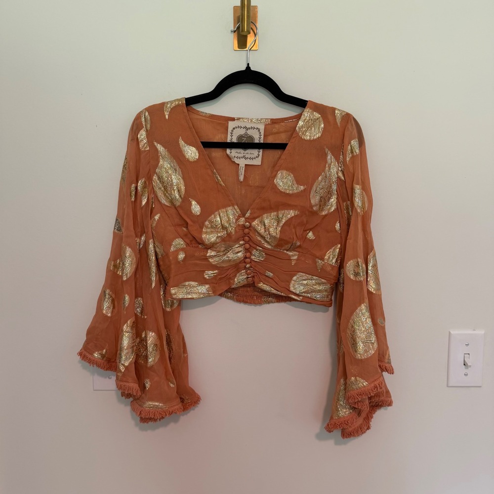 Z&L Europe‎ Burnt Orange Gold Foil Paisley Bell Sleeve Fringe Crop Top Womens M
